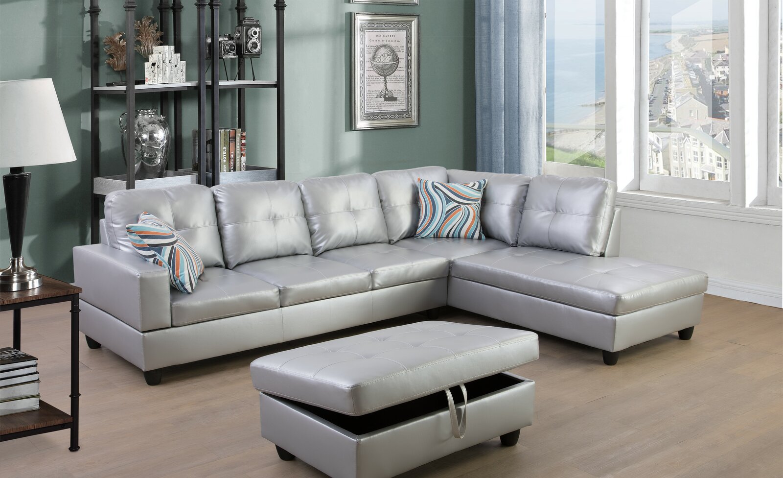 Wilhelmine 103.5′′ Wide Faux Leather Sofa & Chaise With Ottoman