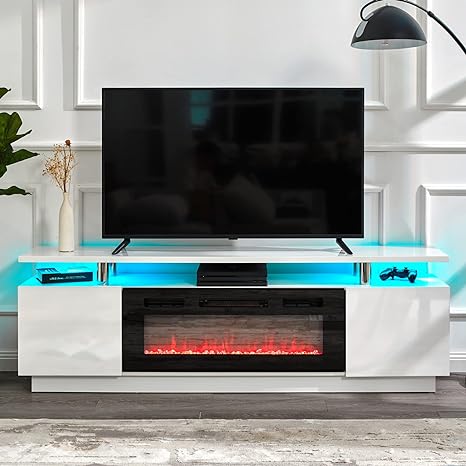 Amerlife Fireplace TV Stand with 36in Fireplace, 70in Modern High Gloss Entertainment Center LED Lights, 2 Tier Console Cabinet for TVs Up to 80in, White